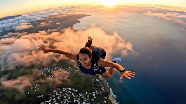 A woman skydives during sunset, with clouds below and the ocean and coastline visible. She has a joyful expression and her arms are outstretched.