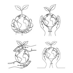 One Line Drawing Hands Holding Earth Globe With Sprout Concept Vector Set