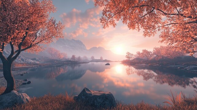 Tranquil Autumn Lake Reflecting Fiery Sunset Through Misty Mountains and Orange Foliage