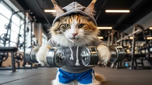 Humorous Cat Wearing a Hoodie and Shorts, Comically Lifting Dumbbells in a Gym
