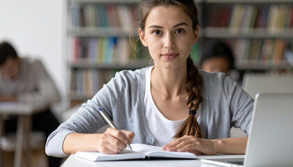 Focused Young Female Student Taking Notes in Library with Laptop