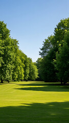 Fototapeta premium Lush green golf course with trees lined up on a sunny day 
