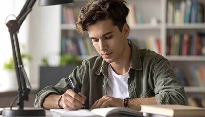 Serious Male University Student Writing in Notebook with Laptop