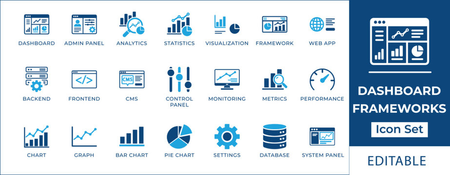 Dashboard frameworks icon set featuring admin panel, web app, frontend, backend, CMS, data visualization, performance metrics, and system control panel symbols.