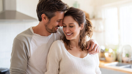 Fototapeta premium happy newlywed couple embracing in a bright airy kitchen, affectionate young husband hugging his smiling wife from behind in a modern sunlit home, romantic moment of a beautiful couple sharing love