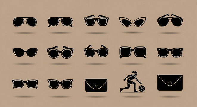  Hyper-Realistic Minimal Sunglasses and Eyewear Icon Set - Flat Vector Collection of Aviators, Wayfarers, Cat-Eye, Round, Square, Sports Glasses, and Sunglasses Case on a Warm Taupe Background
