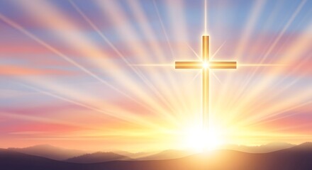 A golden Christian cross stands against a radiant sunrise with vibrant light rays over silhouetted mountains, symbolizing hope and spirituality.