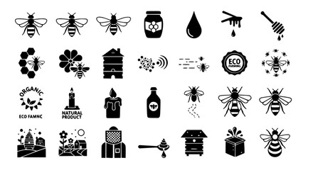 Modern Black Flat Bee Icon Collection for Organic and Eco Design Projects © MdAmzad