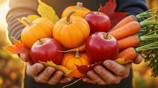 Hands hold autumn bounty pumpkins, red apples, carrots, and colorful fall foliage
