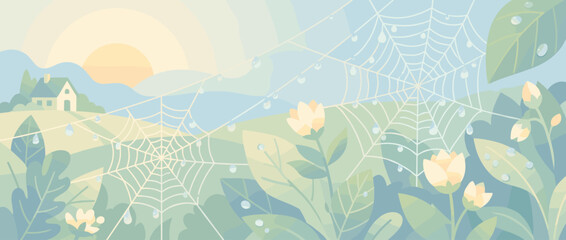 Fototapeta premium Flat vector illustration of a peaceful spring morning with dew drops on spiderwebs in a serene garden. Beautiful sunrise over a rural landscape with a small house, flowers, and green leaves.
