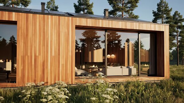 Modern Wooden Cabin Exterior With Solar Panels And Large Glass Windows Showing Cozy Living Room With Fireplace