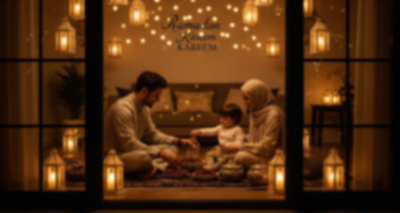 Blurred image of Ramadan Family Iftar on Traditional Dastarkhwan
