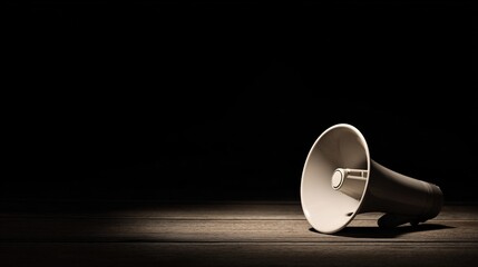 address. A megaphone placed on a wooden surface against a dark background, highlighted by dramatic side lighting for a striking effect. public awareness campaigns.
