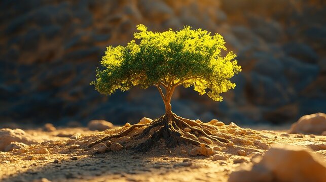 Solitary Tree in Arid Landscape: A vibrant, green tree stands strong amidst a harsh, arid landscape, its roots anchoring it to the earth, a symbol of resilience and the tenacity of life. 