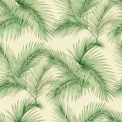 Tropical palm leaves form a seamless pattern against a light beige background. © Prachii1778