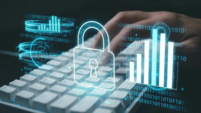 Hands are typing on a keyboard with a glowing padlock symbol and binary code overlaid. This image represents cybersecurity and digital protection.