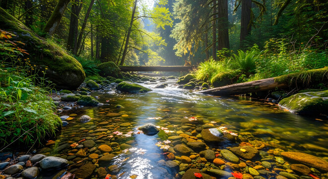 Sunlight filtering through lush greenery onto a serene, rocky stream