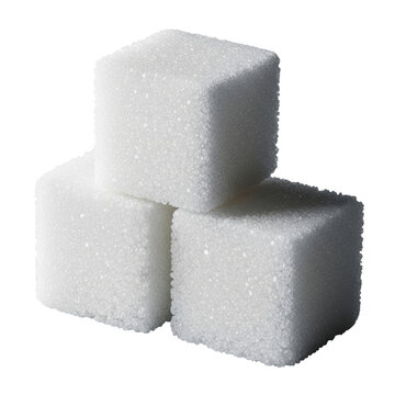 Three white sugar cubes with sharp edges and granular texture clustered on a transparent background in a minimalist studio. Concept of clinical purity