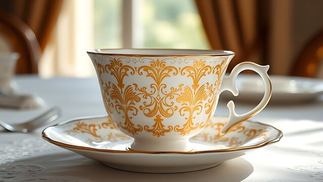 regularizing. Elegant white porcelain teacup with gold filigree patterns, soft window light highlighting delicate details. bar promotions.