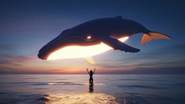 Person standing in the ocean with arms raised, a magical whale flying above at a breathtaking sunset.
