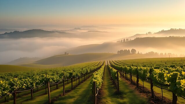 passphrase. Nebbiolo grape vineyard on Piedmont hillside with morning fog and rolling hills. travel magazines, destination branding, designed for outdoor magazines and nature guides.