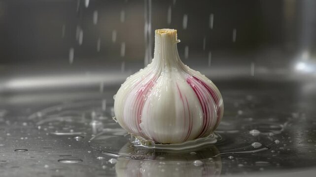 8K Close-up of Fresh Garlic Bulb Being Rinsed Under Thin Stream of Water