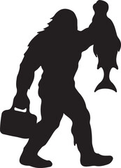 Bigfoot Holding Fish Silhouette Fishing Vector Design