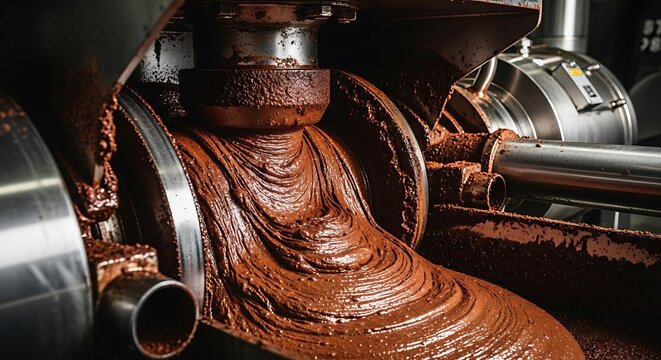 Industrial machinery processing chocolate mixture through metal pipes and machinery parts in a factory setting