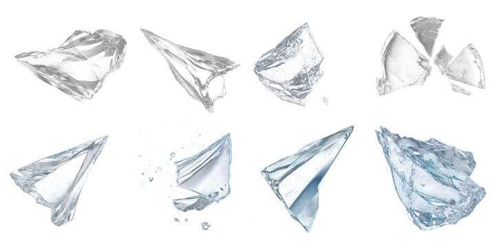 Realistic Broken Glass Shards Set Isolated on Black Background, Transparent Sharp Fragments Collection