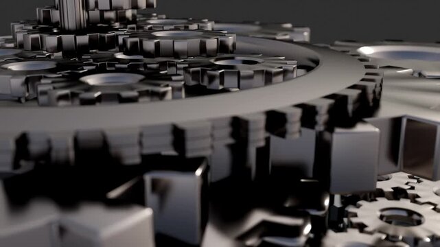 3D animation, metallic cogs interlock with depth-mapped precision. Polished steel edges glint under dynamic lighting as they spin in a heavy, synchronized, 3D mechanical dance.