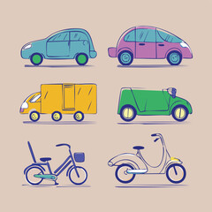 Naklejka premium A delightful collection of hand-drawn cartoon vehicles, including cars, a delivery van, a utility vehicle, a bicycle, and a scooter, perfect for transportation-themed projects and creative designs