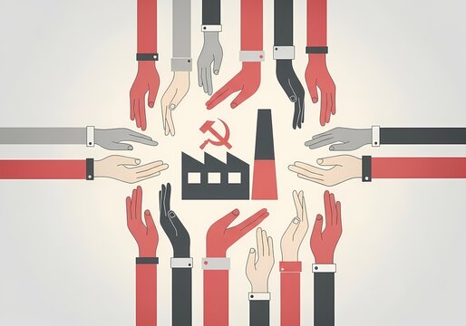Illustration symbolizing communism ideology with factory, collective hands and red tones representing shared ownership, labor unity and socialist economic system