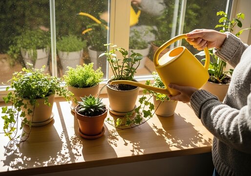 Woman tenderly watering plants on sunny windowsill