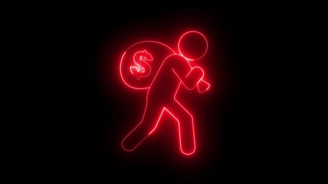glowing neon carrying money bag icon isolated on black background. person icon struggling to carry a money bag with dollar sign, representing debt and financial burden. 4k video animation.