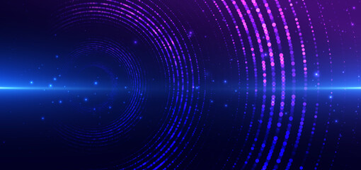 Circles dot lines glowing with lighting sparkling on dark blue backround. © Pramote