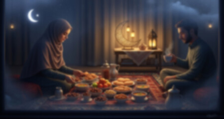 Fototapeta premium Blurred image of Ramadan Family Iftar on Traditional Dastarkhwan