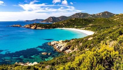 Naklejka premium A serene coastal scene with turquoise waters and lush greenery