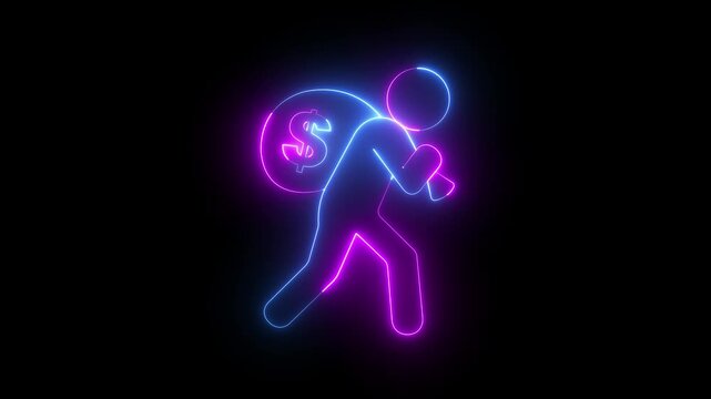 glowing neon carrying money bag icon isolated on black background. person icon struggling to carry a money bag with dollar sign, representing debt and financial burden. 4k video animation.