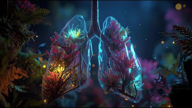 Futuristic Lungs with Neon Lights and Flora.
