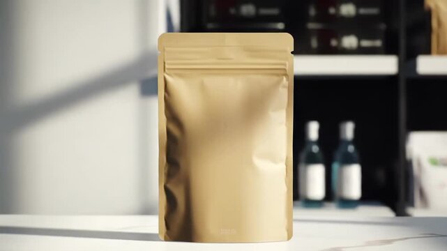 Kraft Pouch Packaging Mockup Standing on Counter