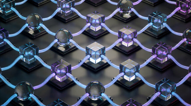 Abstract network grid with glowing cube and sphere connected by neon cable
