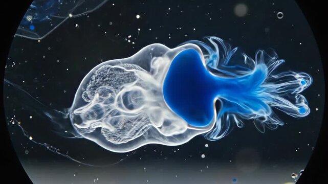 Captivating amoeba microscope footage shows a single-celled organism engulfing a vibrant blue substance, demonstrating pseudopod extension and phagocytosis in a microscopic world, scientific