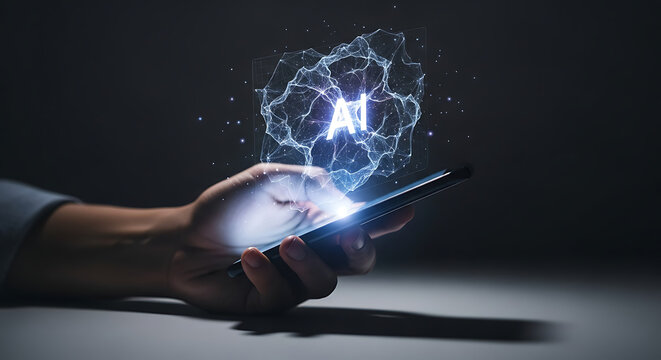 Man holding smart mobile phone with ai artificial intelligence brain network thinking innovation