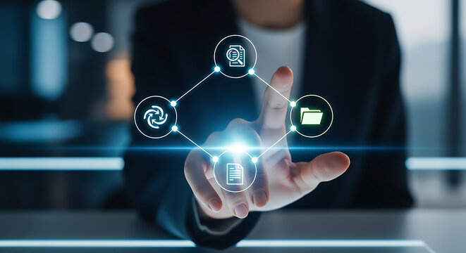 Man pressing document management system and enterprise content management system