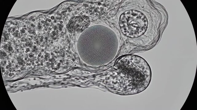 Detailed amoeba microscope view showcasing internal structures and cellular processes, revealing a large nucleus and granular cytoplasm, captured with high magnification for scientific study