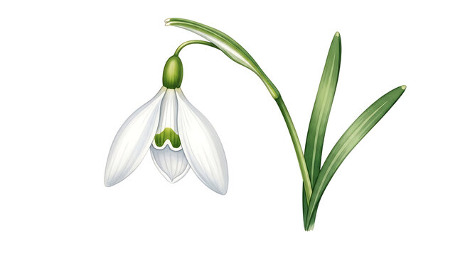 Delicate white snowdrop flower with green accents on a white background