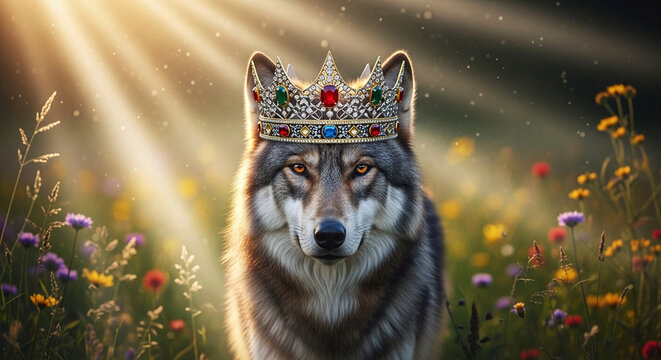 Majestic wolf wearing crown in colorful flower field with sunshine