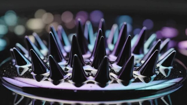 Abstract iridescent ferrofluid peaks dancing to music on black background