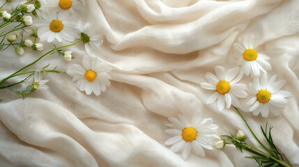 A delicate arrangement of daisies on a white lace tablecloth