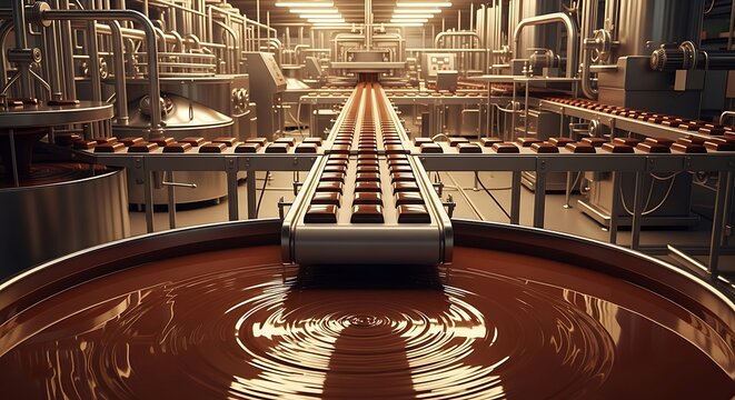 Chocolate production line in industrial factory setting with molten chocolate flowing